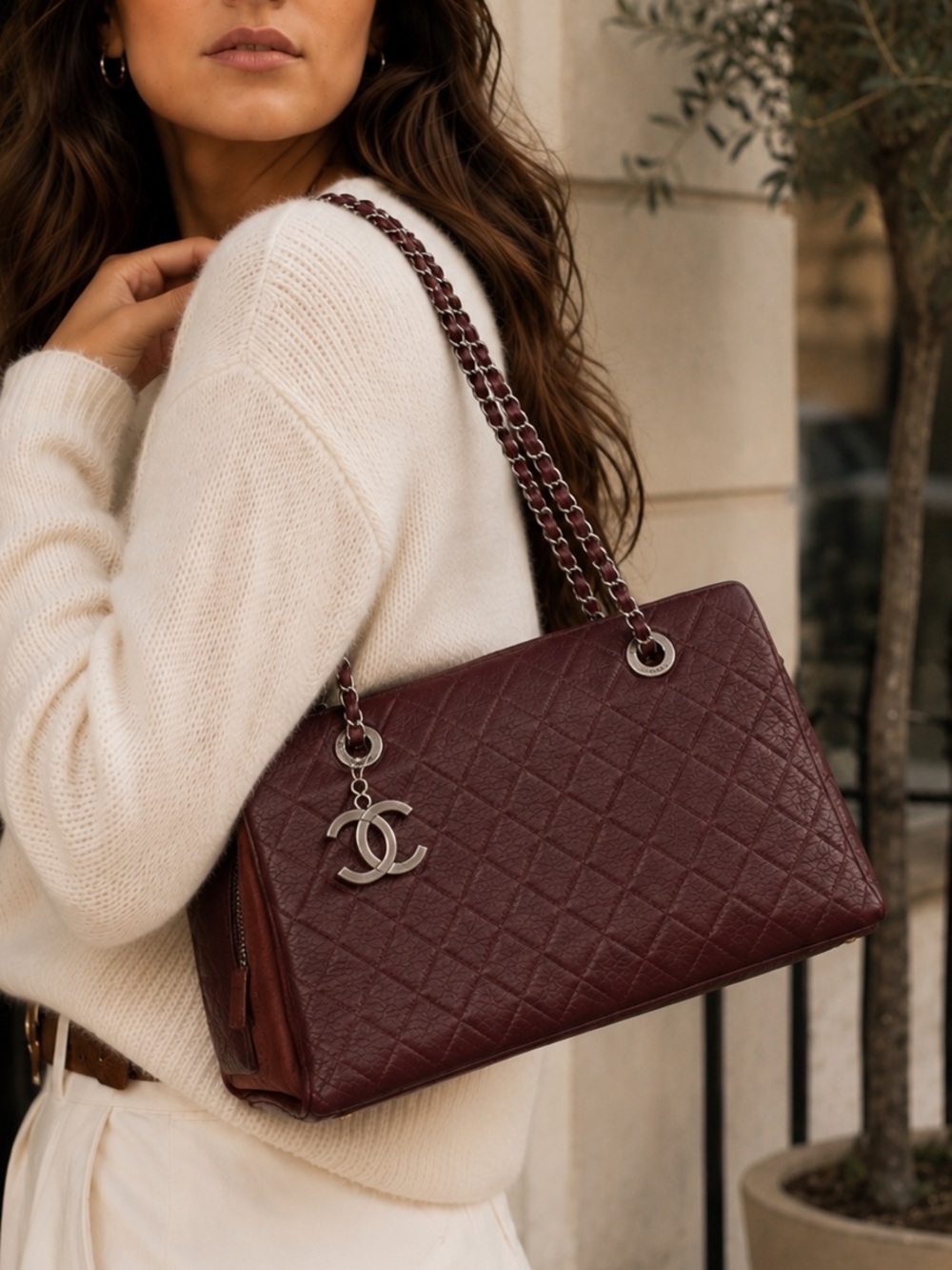 CHANEL 2013 Burgundy Quilted Leather Chain Tote Shoulder Bag Silver CC Authentic